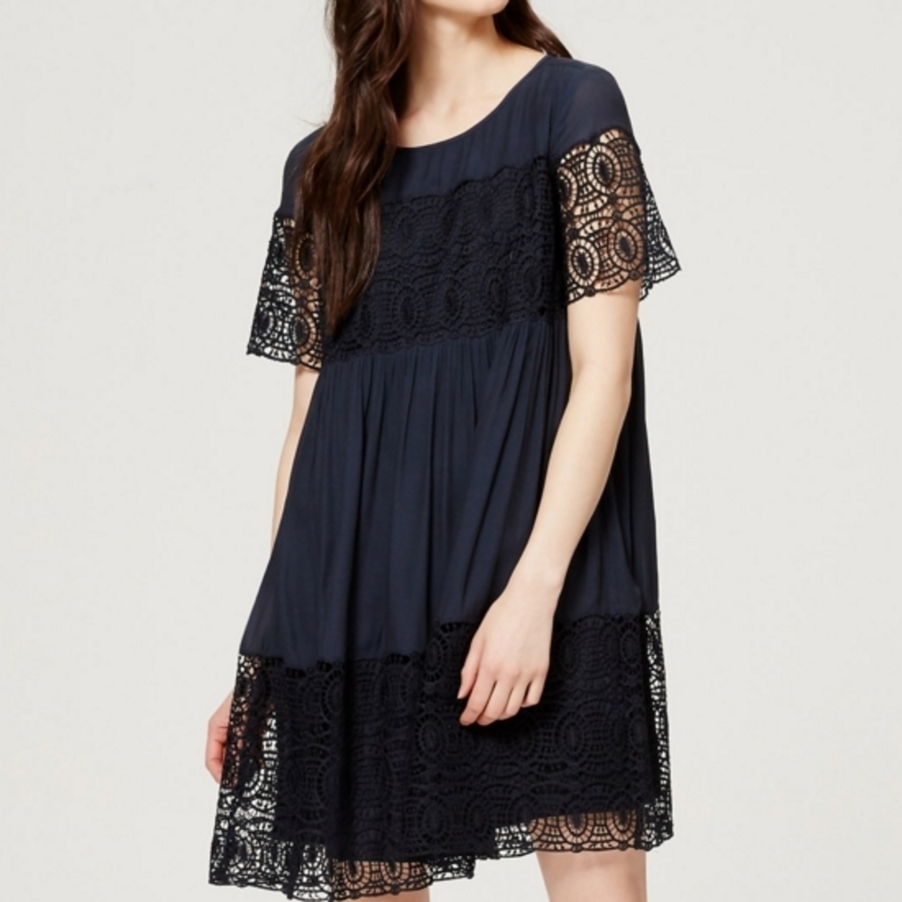 LOFT Navy Mini Dress with Lace Accents